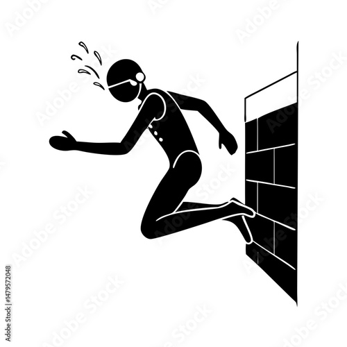 Silhouette of a swimmer diving or jumping off a brick wall, action shot