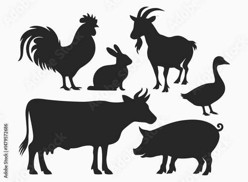 Common Farm Animals Vector Set – Cow, Pig, Goat, Rooster, Duck and Rabbit.