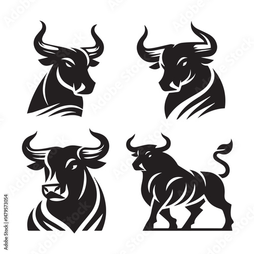black Set of vector black silhouettes of bull icon isolated on a white background