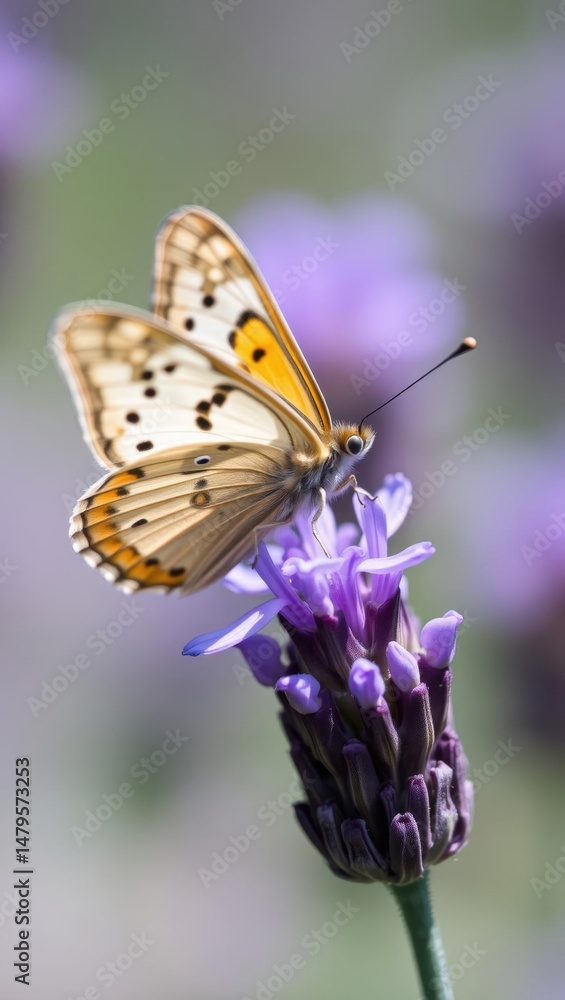Obraz premium Beautiful butterfly resting on purple flower in soft focus background