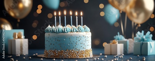 Festive birthday cake, gifts, balloons