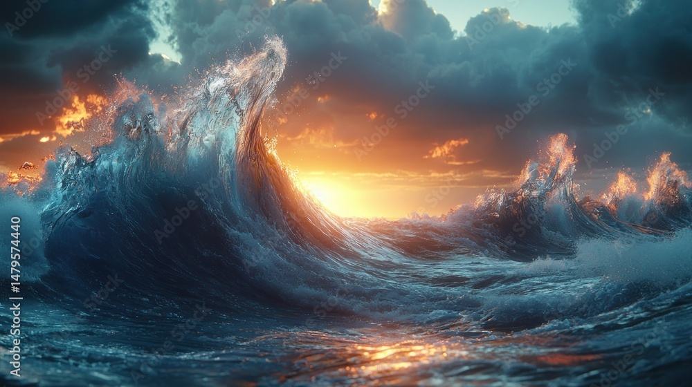 Fototapeta premium Giant wave, ocean sunset