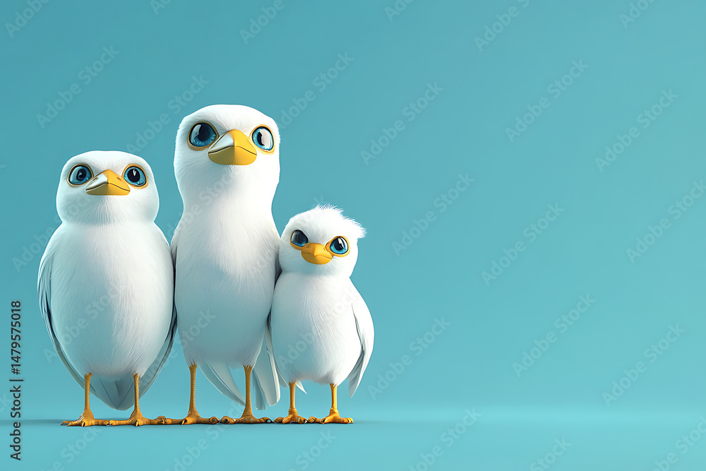 Obraz premium Three cartoonish white birds standing together against a solid blue background, showcasing family unity