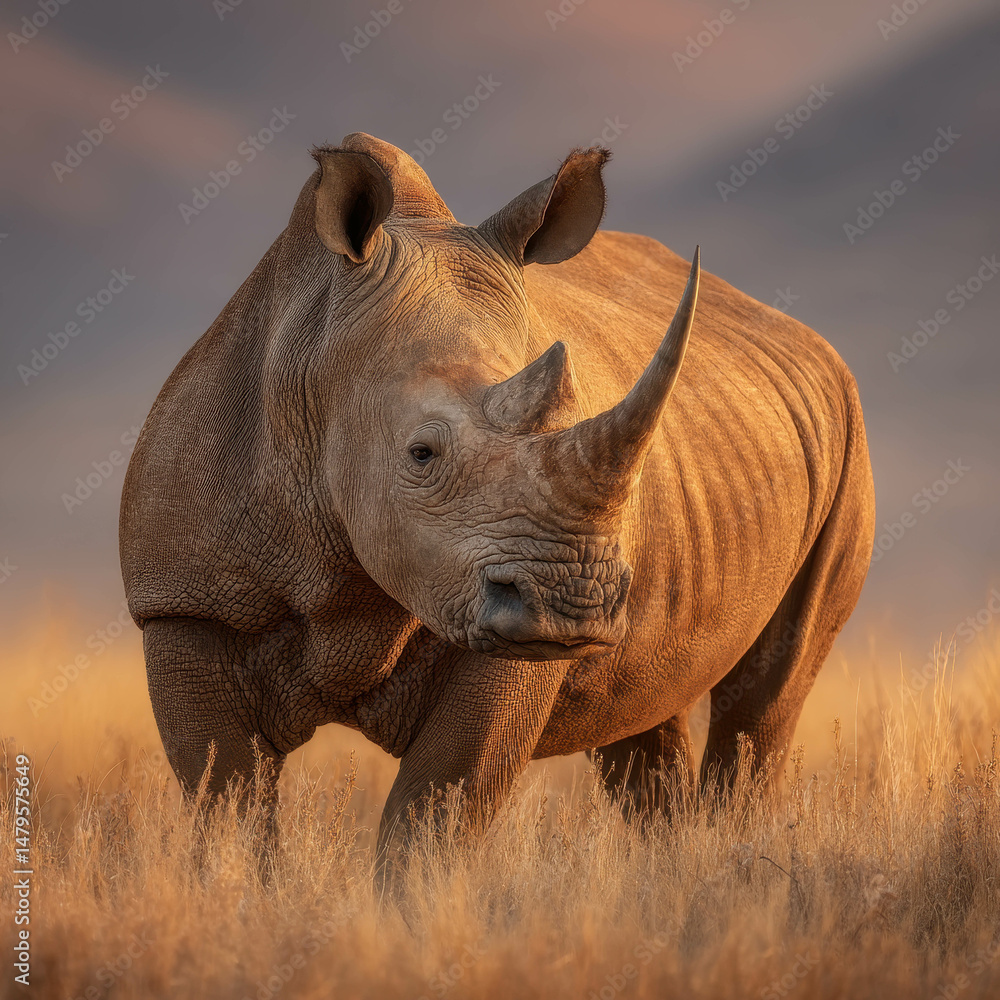 Obraz premium Closeup of Rhinoceros in Tall Dry Grass with Evening Light. Rhinoceros at Sunset