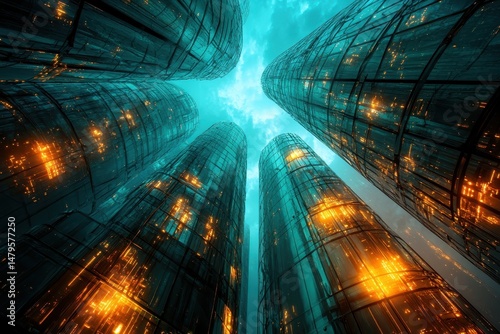 Discovering the depths of a futuristic cityscape with towering structures illuminated by vibrant orange and blue lights