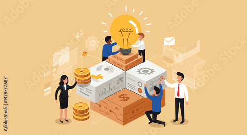 Illustration of Illustration of teamwork building a complex structure (business metaphor)