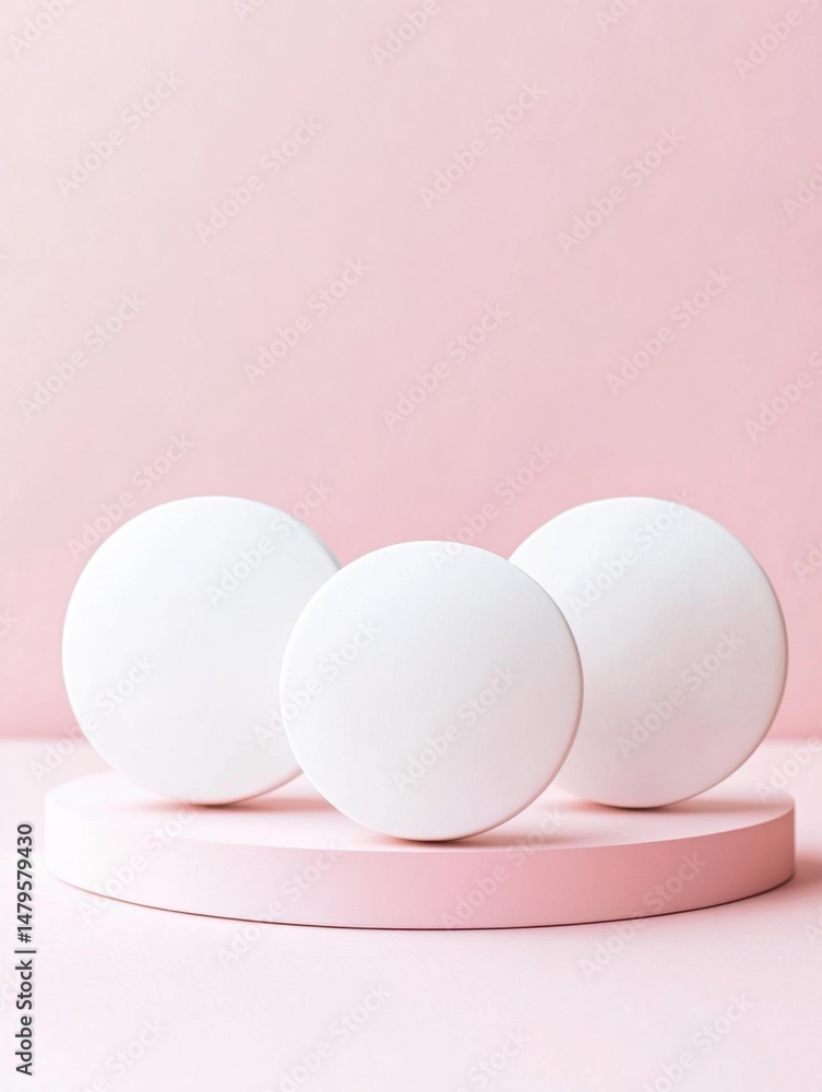 Fototapeta premium Minimalist studio shot of white spheres on pink podium against matching backdrop for product display and promotion