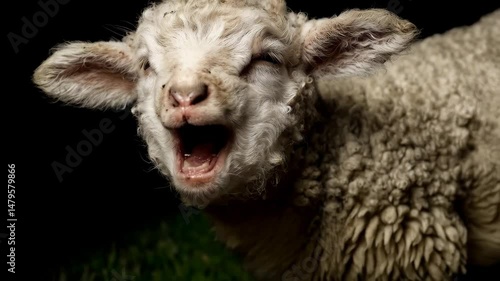Close-up of a woolly lamb bleating outdoors with open mouth, exposing its teeth, and showing its fluffy fur against black background.