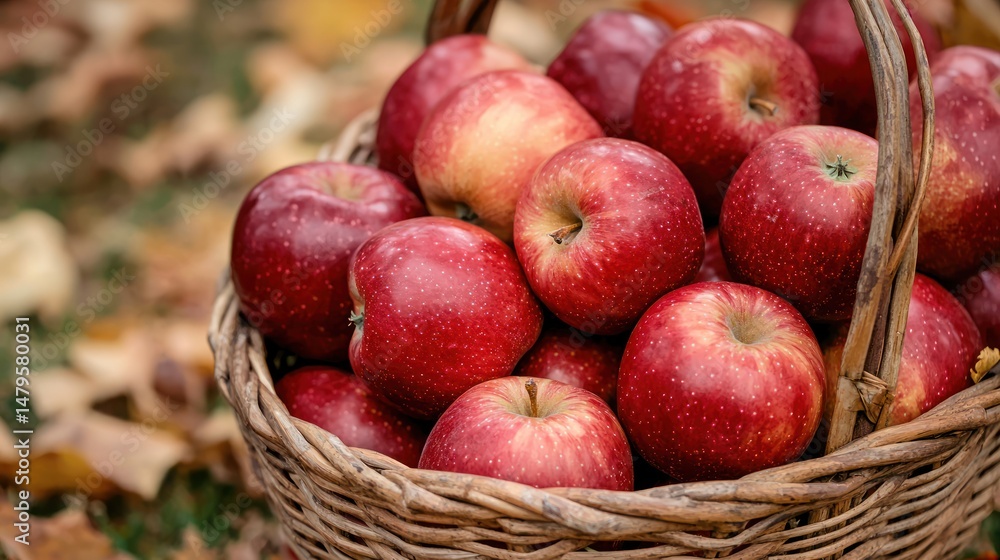 A basket of Red Delicious apples in an orchard during fall A basket of Red Delicious apples in an orchard during fall