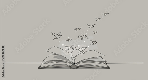 Minimalist Monoline Book with Flying Birds