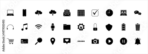 Daily Essentials digital icon set in black. Icons contains 30. Suitable for Web Pages, Mobile Apps, Web, Print.