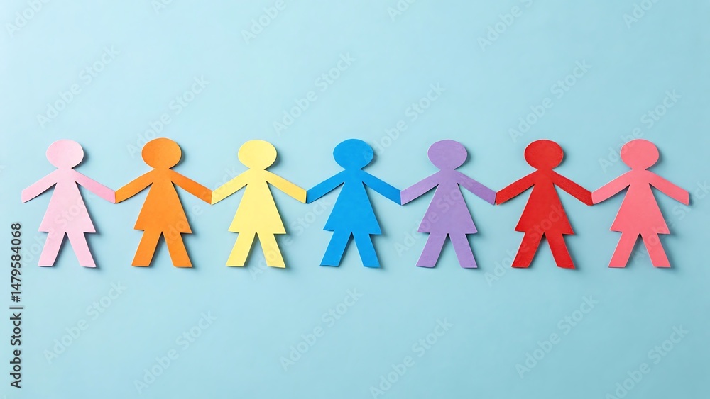 Colorful Paper Cutout Figures Holding Hands – Diversity, Unity, and Inclusion Concept on Light Blue Background. International Friendship Day. Colorful Paper Cutout Figures Holding Hands – Diversity, Unity, and Inclusion Concept on Light Blue Background. International Friendship Day.