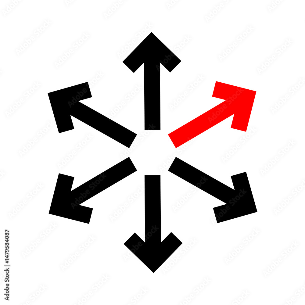 image is a Multiple Arrow Direction Icon, featuring five black arrows and one red arrow pointing in different directions image is a Multiple Arrow Direction Icon, featuring five black arrows and one red arrow pointing in different directions
