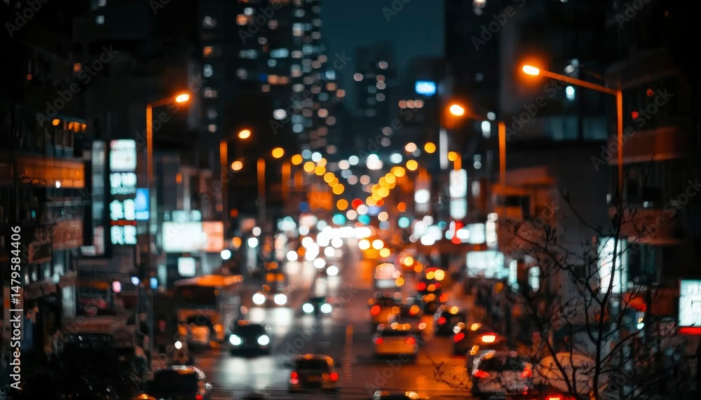 Obraz premium Night city street scene with bokeh effect