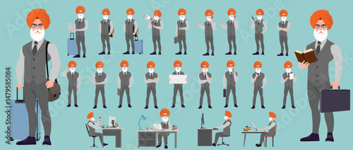 Man Character design. Front, side, back view and explainer animation poses. Character set with lip sync and facial expressions of Happy, angry, sad, Joy with Side walk cycle animation sequence sprite 