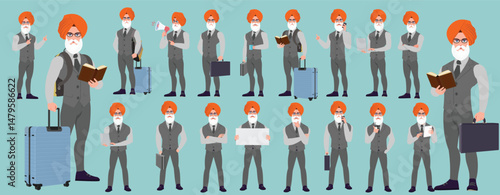 Man Character design. Front, side, back view and explainer animation poses. Character set with lip sync and facial expressions of Happy, angry, sad, Joy with Side walk cycle animation sequence sprite 