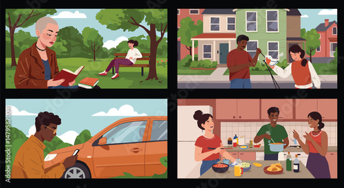 Illustration of Real is Radical: Authentic, unposed scenes of everyday life vector illustrations