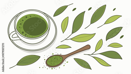 Vector cup of green tea with fresh leaves and spoon of matcha powder, creating calming and refreshing atmosphere