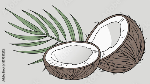 Vector coconut cut in half with palm leaf, showcasing its natural beauty and freshness