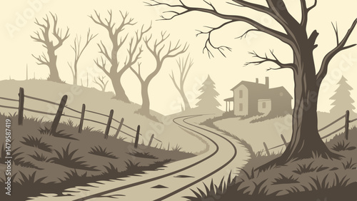 Vector winding road leads through desolate landscape with bare trees and abandoned house, evoking sense of solitude and mystery