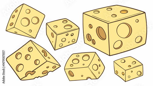 Vector Cheese cubes in various shapes and sizes, showcasing their unique holes and textures, create playful and appetizing display