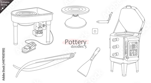 Editable stroke Pottery Tools Doodle Set – Line Art of Ceramic Making Equipment