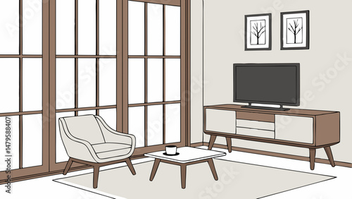 Vector modern living room featuring cozy chair, coffee table, and television against backdrop of large windows, creating bright