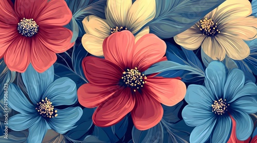 Digital illustration of vibrant flowers with dark foliage, showcasing red, blue, and yellow tones.