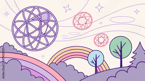 Vector surreal digital artwork portraying ethereal landscape with colorful elements and whimsical shapes