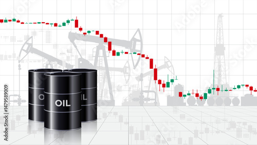 Chart of falling oil prices per barrel. Crude oil barrels on map background. Analysis fall of global energy markets. Influence of economic insiders. World market review. Investment strategies. Vector