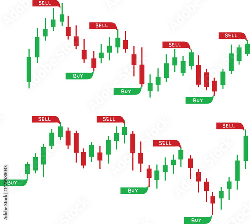 green red candlestick with Chart for stock market with buy and sell button 
