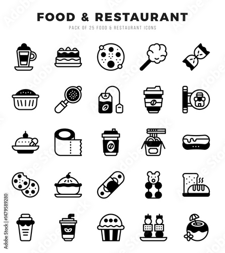 Food and Restaurant Lineal Filled icons collection. 25 icon set in a Lineal Filled design.
