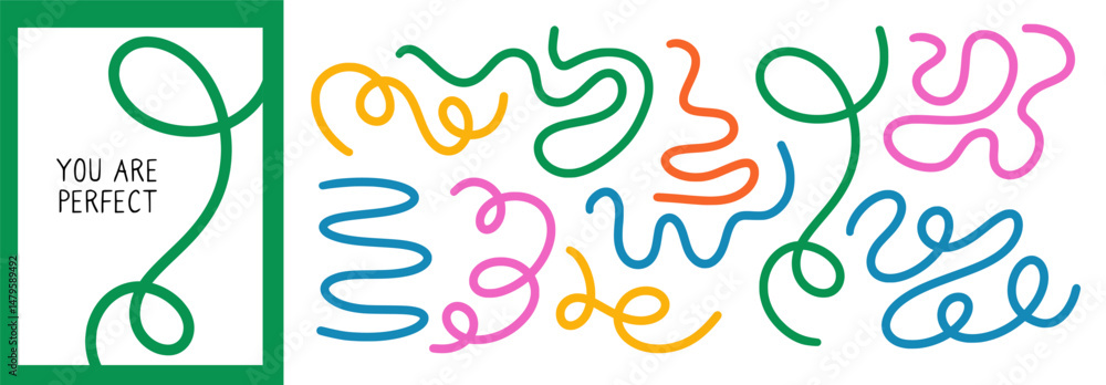 Set of abstract playful wavy line. Banner with organic curvy curly stripe shape in retro flat style. Wave line art for banner, flier