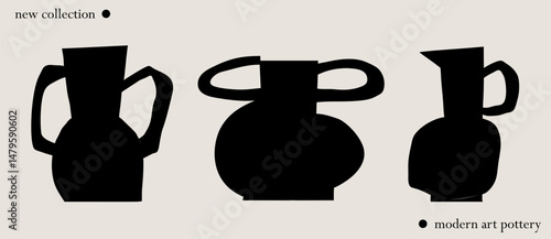 A collection of black silhouette cutouts of modern vases and vessels on a light beige background hand drawn in abstract and minimalist style. Vector home decor, ad, social media illustration poster