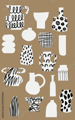 Modern art cutout minimalist design black and white vases with abstract doodle patterns like dots and arches on a beige background in a flat style. Vector home decor art poster illustration