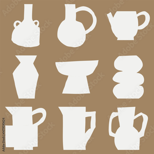 Modern art cutout minimalist design white vases silhouettes on a dark beige background in a flat style. Vector seamless pattern