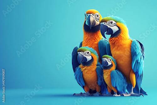 Colorful parrots standing together against a vibrant blue background, showcasing their feathers and expressions
