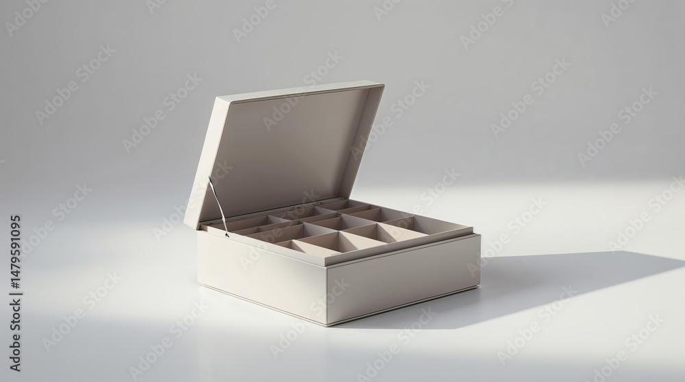 Fototapeta premium Elegant open jewelry box with compartments displayed on a neutral background in soft lighting