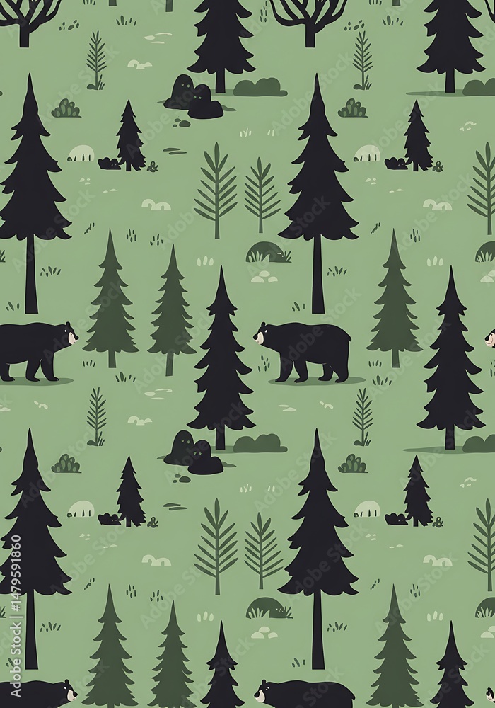 Obraz premium Seamless Pattern: Green Forest with Black Bears