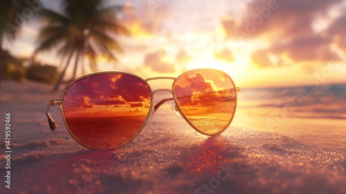 Wallpaper Mural Aviator Sunglasses Reflecting Sunset on Tropical Beach Torontodigital.ca
