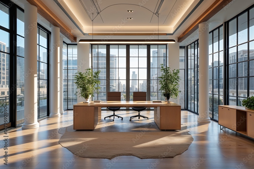 Bright Open Office Design with Grand Windows and Elegant Lighting for Inspiring Visual Scenery Bright Open Office Design with Grand Windows and Elegant Lighting for Inspiring Visual Scenery