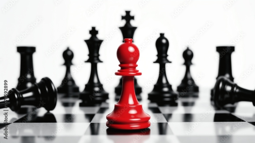 Red Chess Pawn Among Black Pieces Red Chess Pawn Among Black Pieces