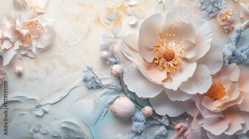 Photograph of peonies and moss arranged on a textured teal background.