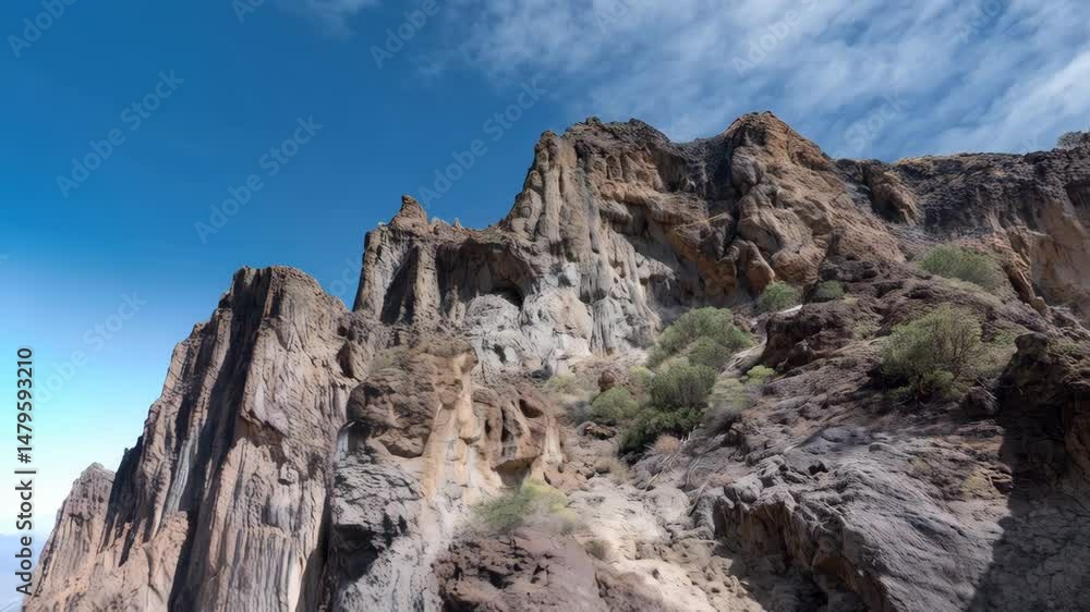 Low angle view of a rugged canyon wall under a bright blue sky with some clouds, featuring textured rock formations and sparse desert vegetation in the arid landscape Low angle view of a rugged canyon wall under a bright blue sky with some clouds, featuring textured rock formations and sparse desert vegetation in the arid landscape