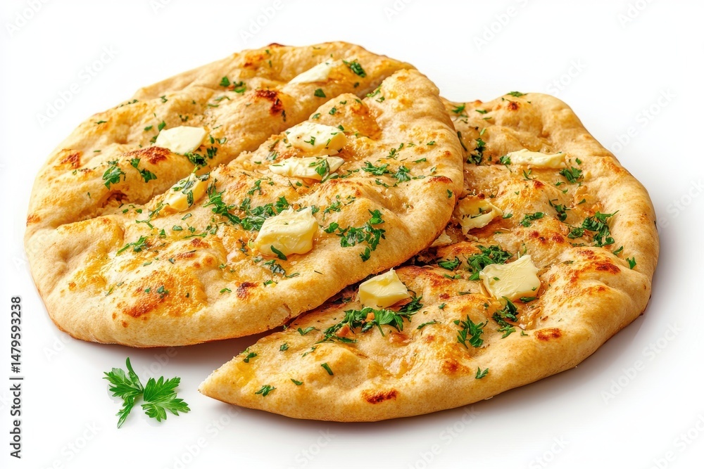 Flatbread with butter herbs isolated on white background Flatbread with butter herbs isolated on white background