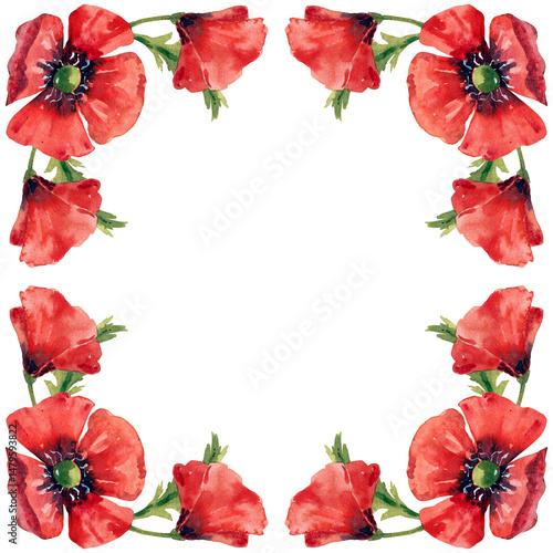 Red poppies rhombus border for cards, posters, invitation. Watercolor flowers wreath
