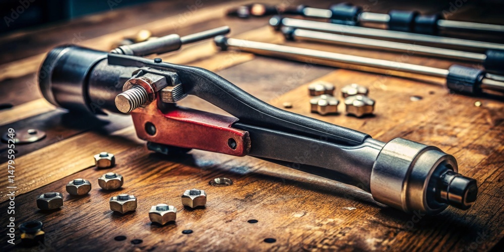 Obraz premium Close-up view of specialized industrial crimping tool resting on weathered wooden workbench with small metal fasteners scattered nearby