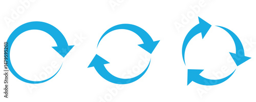 Circle arrow icon set. Symbol of reload, refresh, loading, recycle, and repeat. Interconnecting round arrow vector icons set. Work in progress sign. One, two, three, arrow in the loop.