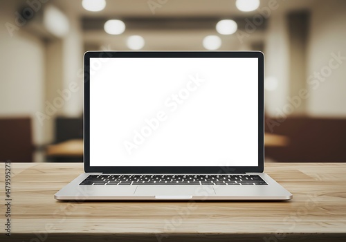 Laptop Computer Blank Screen Wooden Desk