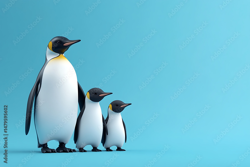 Fototapeta premium Three cartoon penguins of varying sizes standing together against a blue background, showcasing family